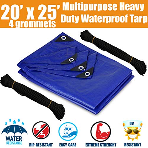 20'x25' Heavy Duty Waterproof Tarps - Multi-Purpose Blue Tarpaulin with 4 Grommets, Reinforced Edges and Nylon Paracord for Outdoor Rain Shelter, Ground Cover, Boat, RV or Pool Cover
